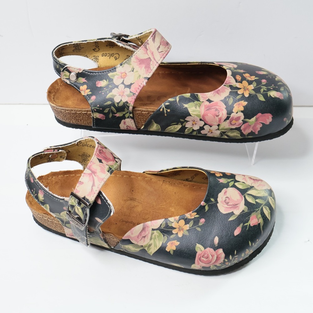 Calceo Floral Leather Mary Jane Clogs Shoes Womens EU 41 Black Pink Rose Boho